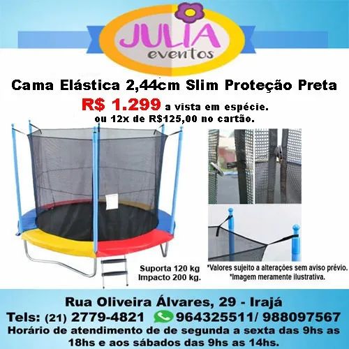 Cama Elástica 2,44cm Slim Rede de Proteção Preta