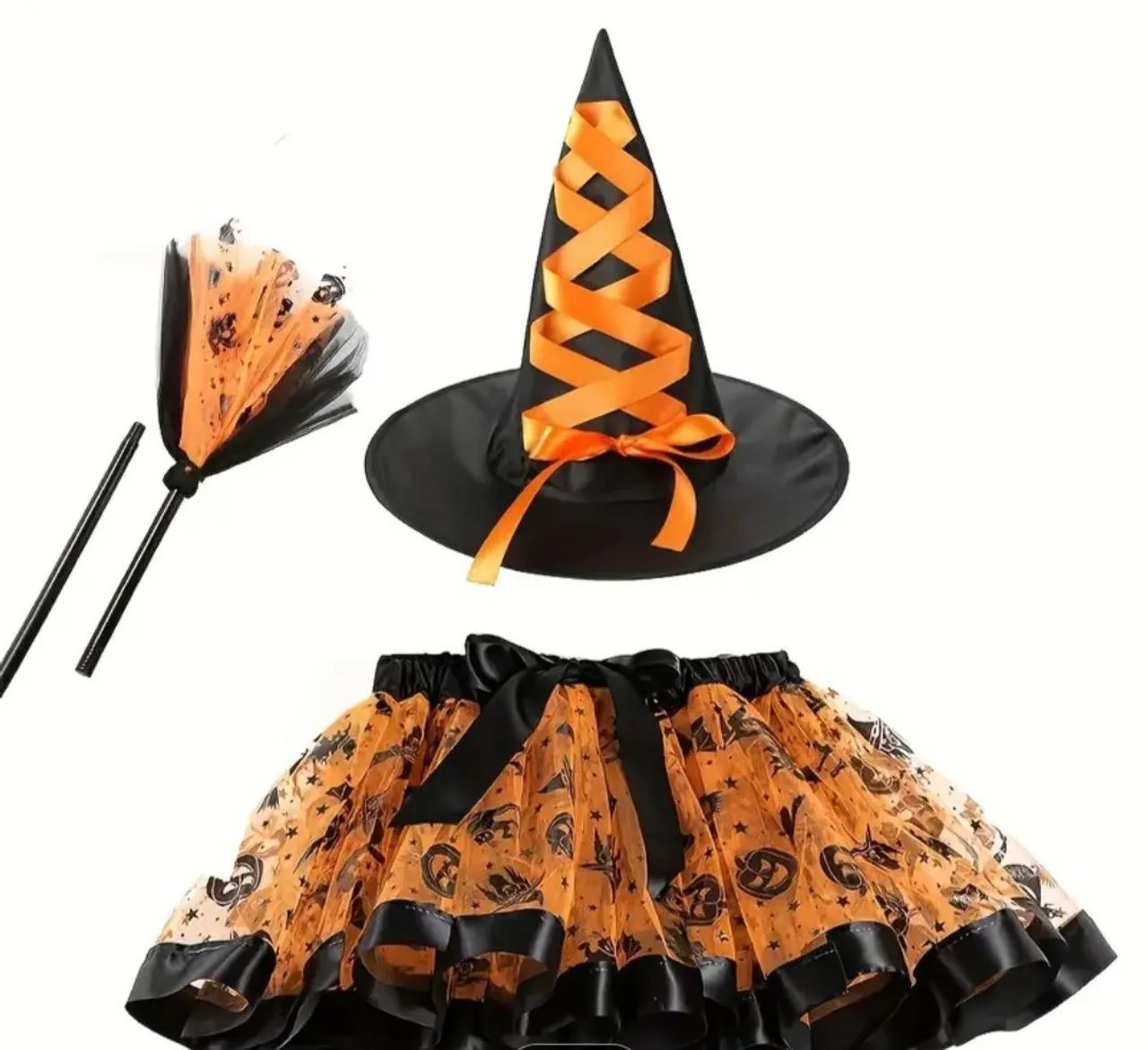 Fantasia bruxa (saia, chapéu e vassoura) halloween, nova