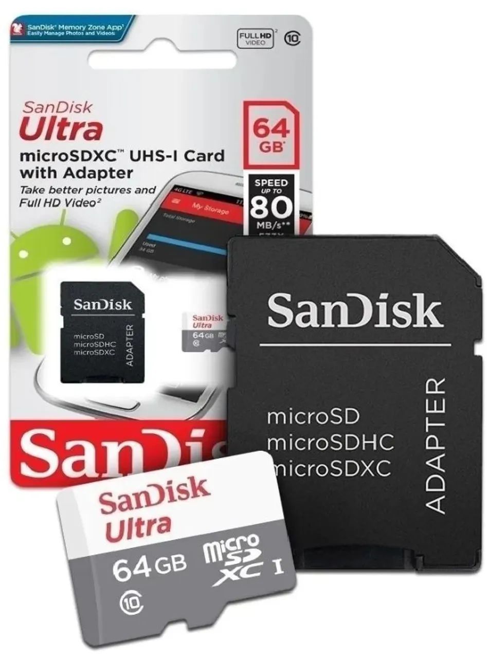 Vendo 3 cartões de memória 63gb<br>? Vendo 3 Cartões de Memória SanDisk 64GB Classe 10<br>