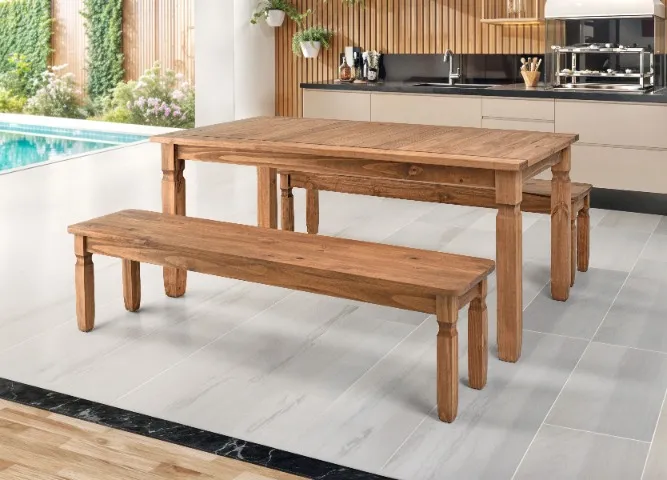 Mesa Corona + 2 bancos na cor natural