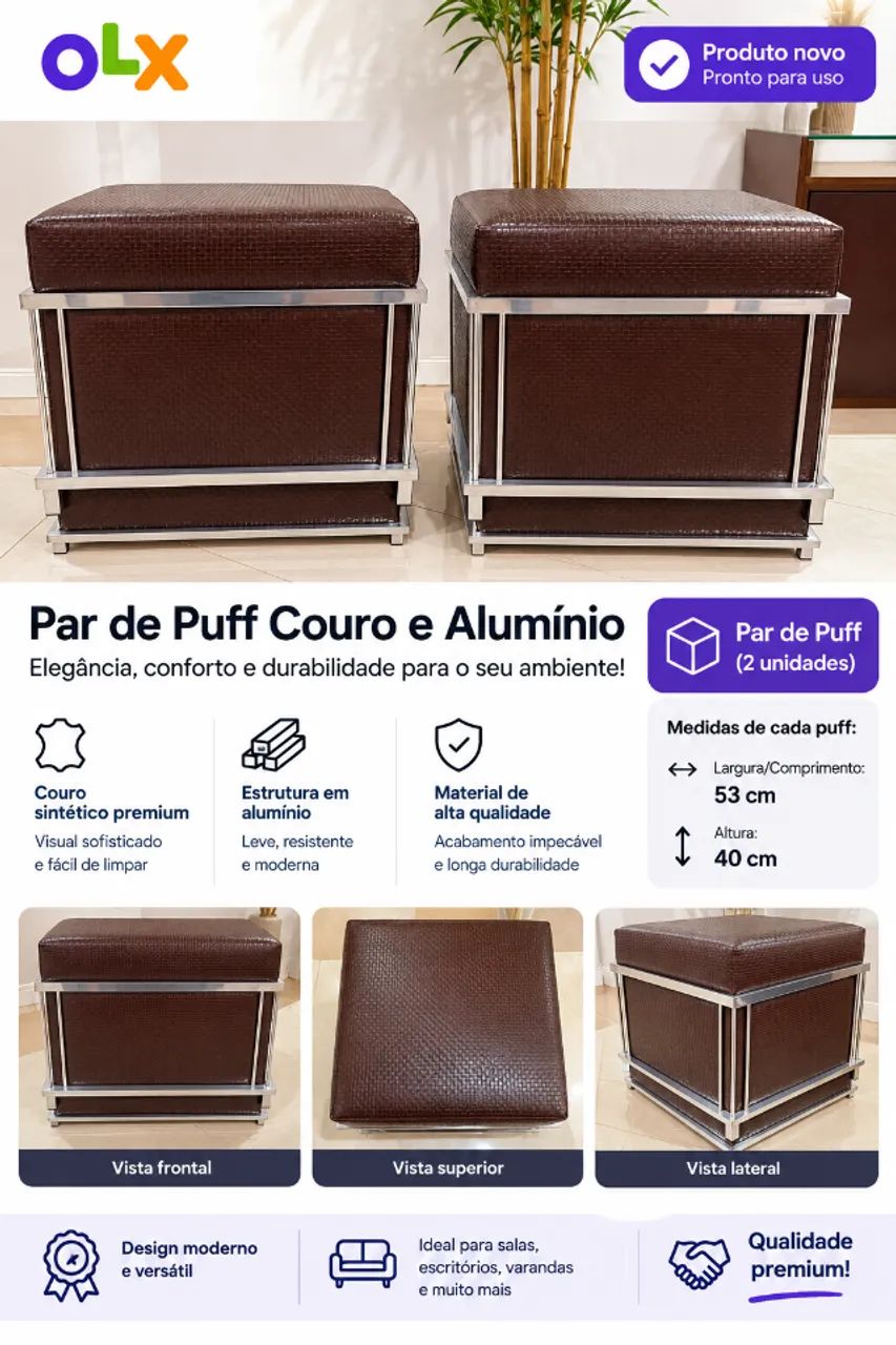 Par de Puffs Couro e Alumínio Padrão Premium Lindos