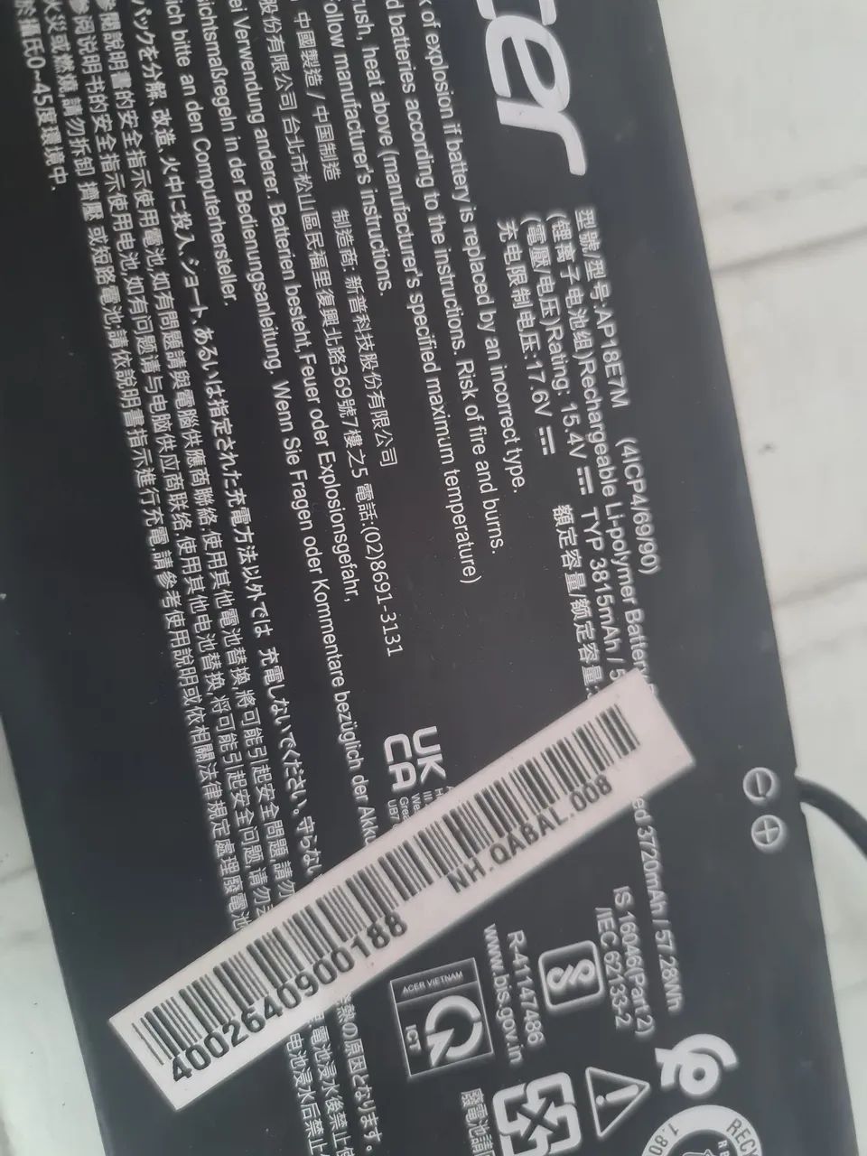 Bateria Original de Notebook Gamer Acer, modelo AP18E7M, testada, funcionando 100%