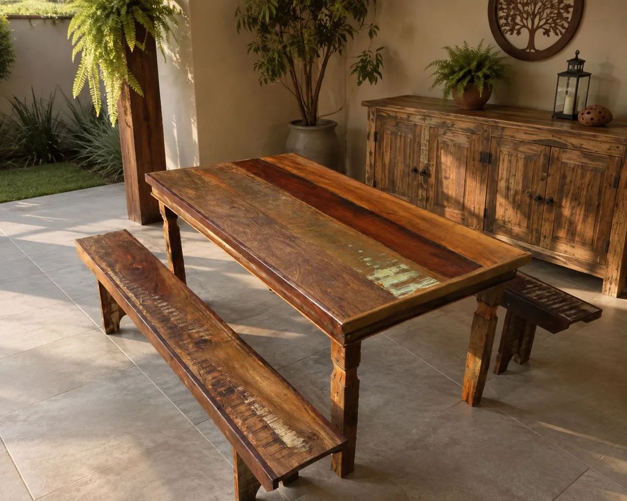 Mesa rustica em madeira demolição com 2 bancos - Foto 2