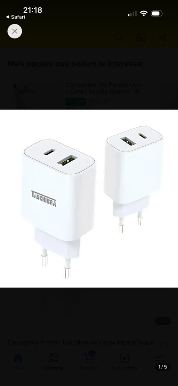 Carregador Turbo usb c + usb a Taschibra 