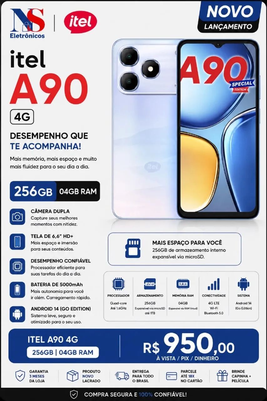 Smartphone itel A90 256GB 4GB RAM 4G Dual Chip Android Original Lacrado