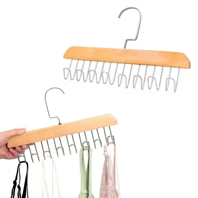 Cabide Madeira Rotativo Ganchos Organizador Armário Closet Bege ou Marrom - Foto 4