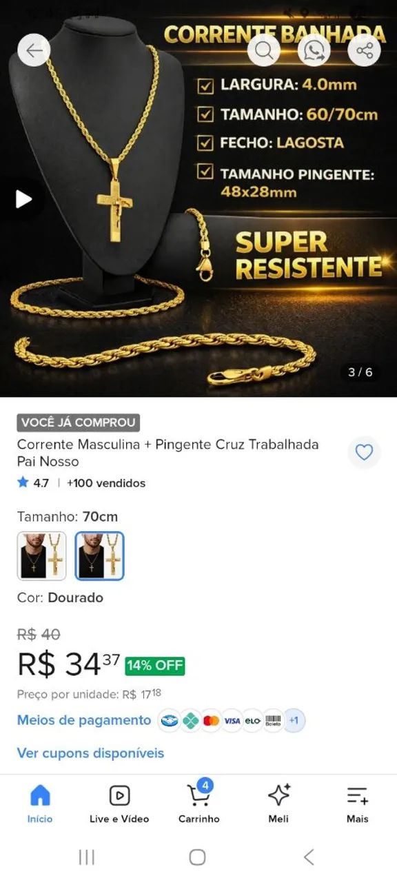 Corrente masculina com pingente de cruz  - Foto 2