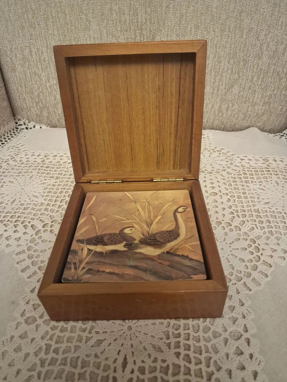 Conjunto de 4 porta-copos, vintage, com figuras de patos, com base de cortiça 