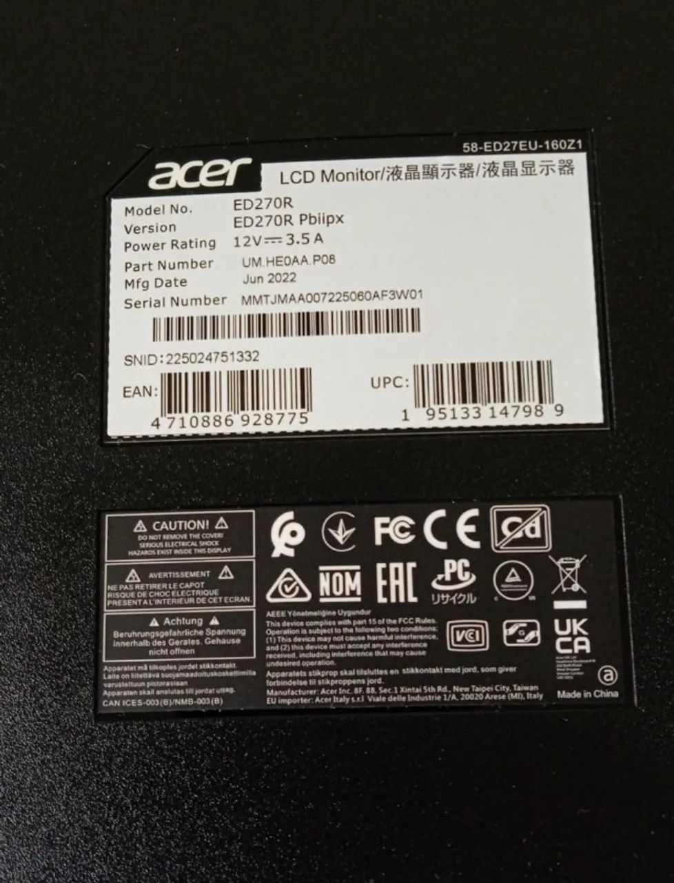Monitor Acer Curvo  Gamer 27'' Nitro  EDO  para retirada de peças - Foto 4