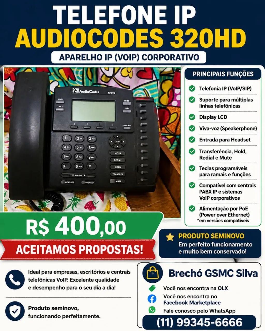 Telefone IP AudioCodes 320HD - Seminovo