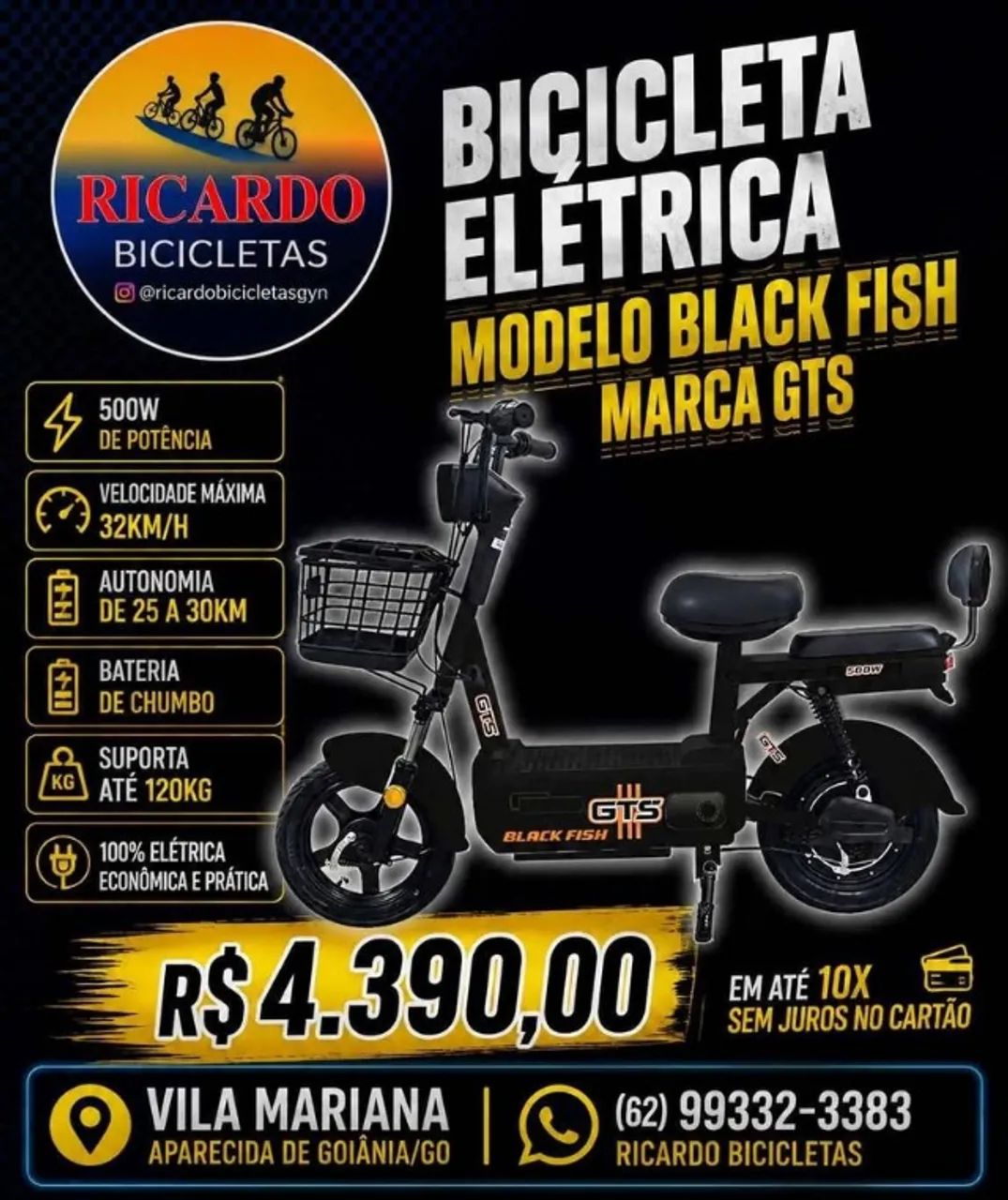 Bicicleta Elétrica GTS Black Fish 500w