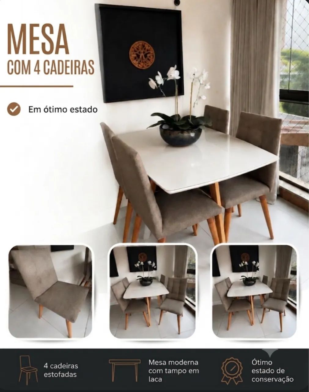 Mesa de Jantar com 4 Cadeiras Estofadas - Impecável