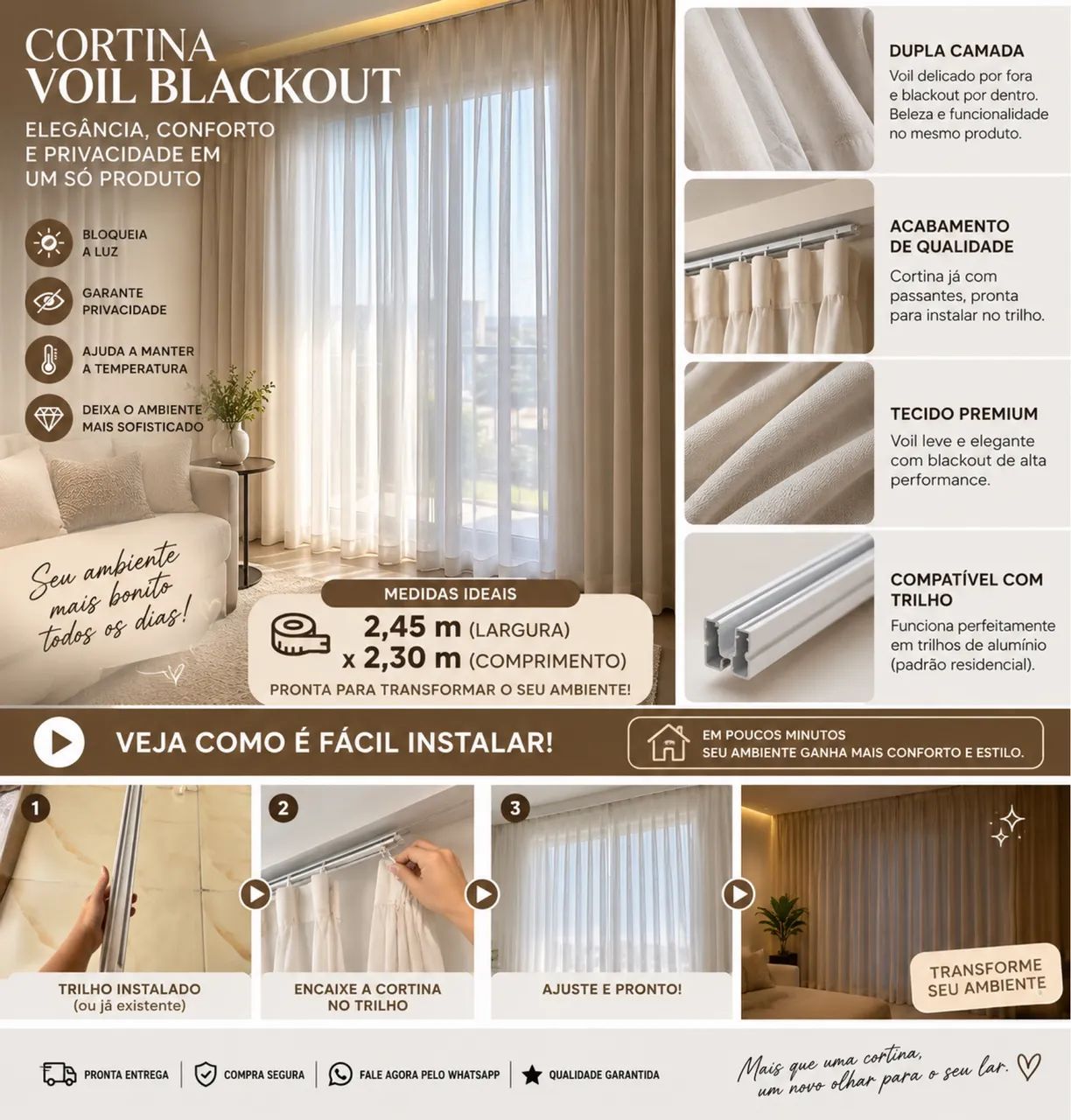Título: Cortina Voil com Blackout 2,45 x 2,30 m - Elegante e Sofisticada  - Foto 2