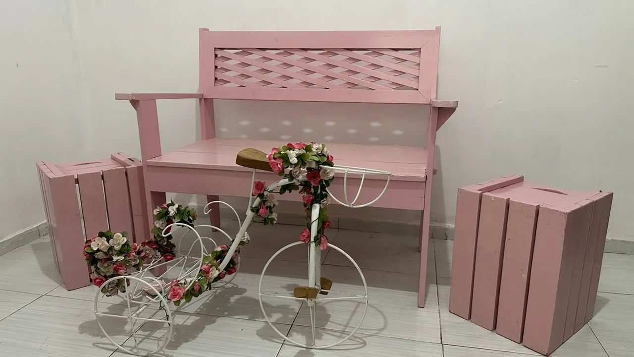 Banco madeira pinos rosa