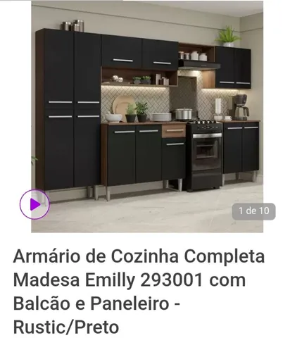 Armário de Cozinha Completa Madesa Emilly 293001 com Balcão e Paneleiro -  Rustic/Preto - Armário de Cozinha - Magazine Luiza