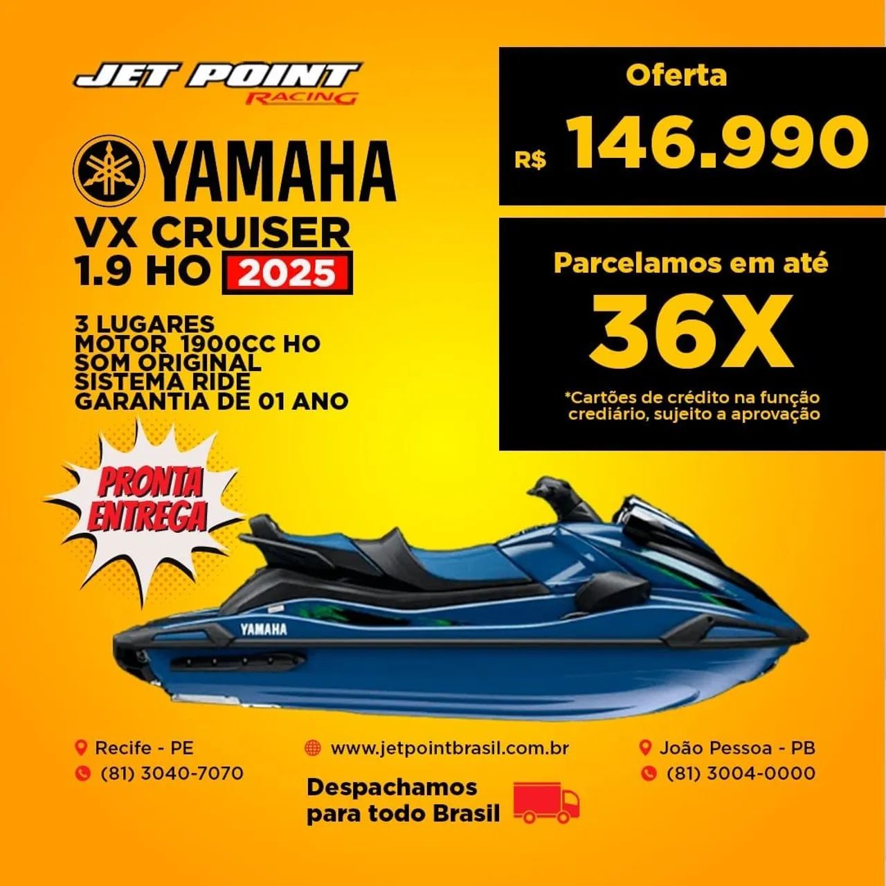 JET SKI NOVO YAMAHA VX CRUISER 1900-HO 2025, 3 Lugares, Som, Pronta Entrega, TROCO/PARCELO