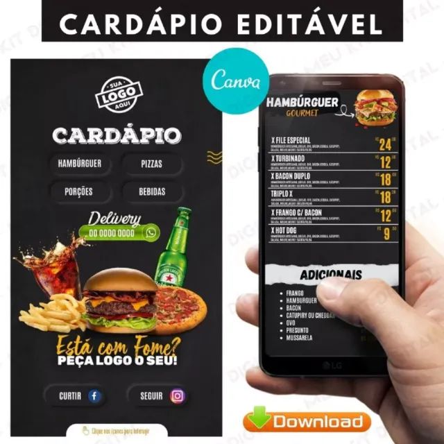 Pack Cardápio Digital Editável - Lanchontes, Pizzarias