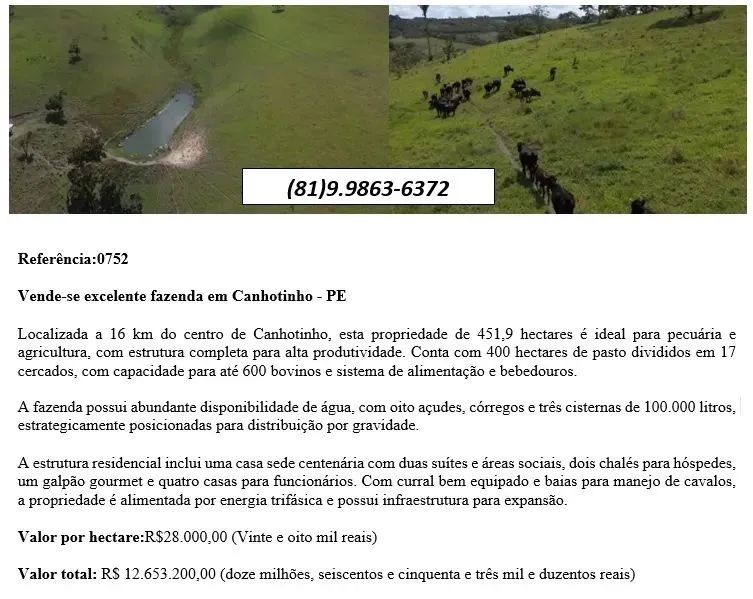 Vende-se excelente fazenda em Canhotinho - PE