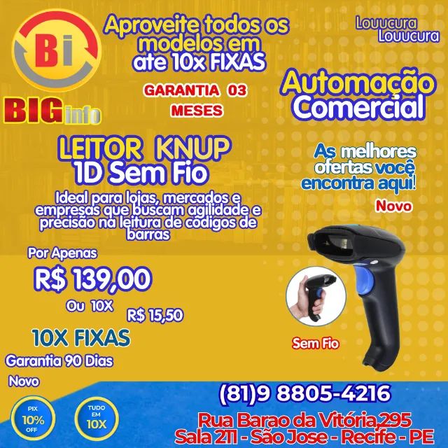Leitor De Código De Barras Knup - Usb 1d Sem Fio Preto - Em ate 10x Fixas 