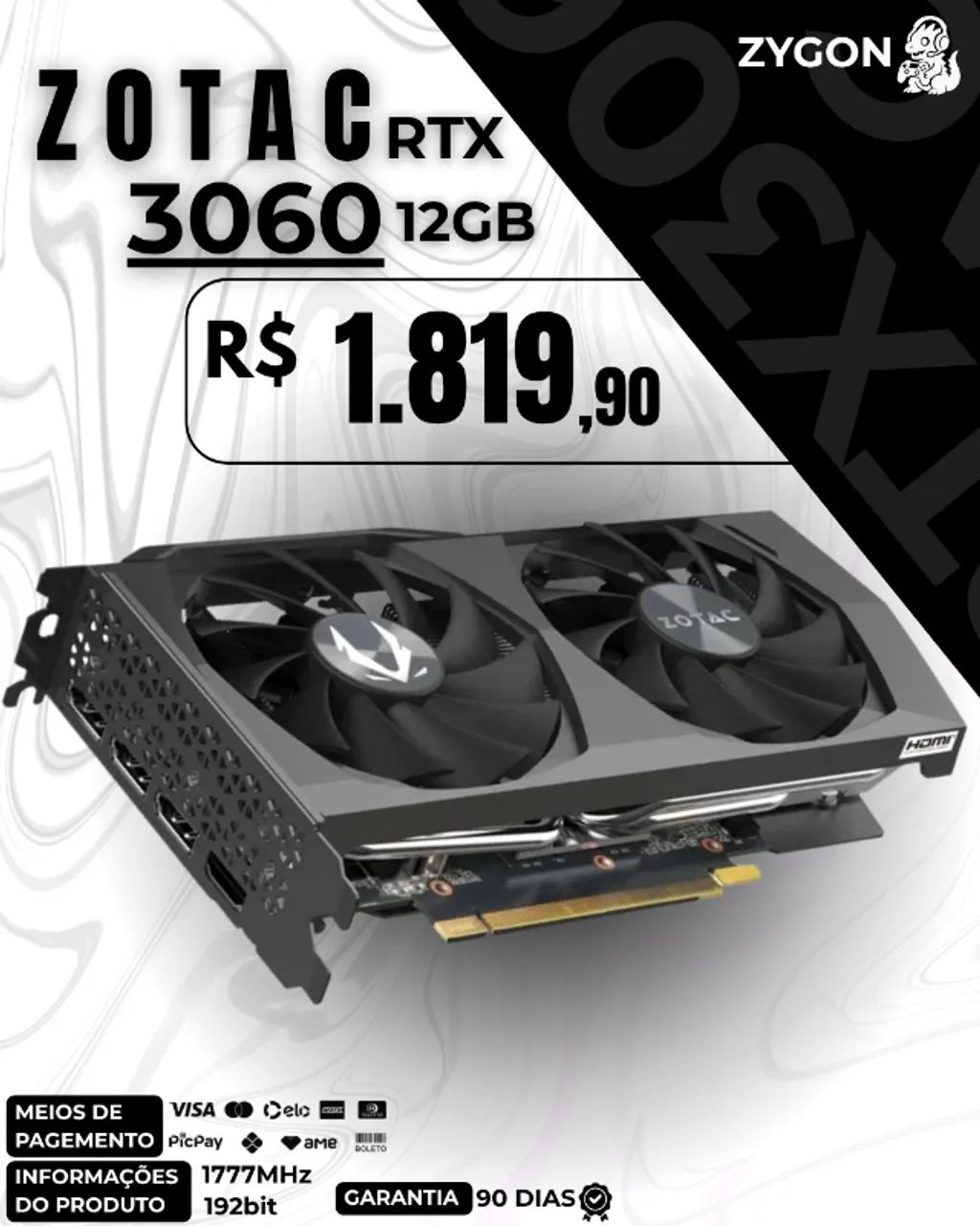 S/ NOVO] Placa de Vídeo RTX 3060 12GB OC Zotac Gaming - Garantia