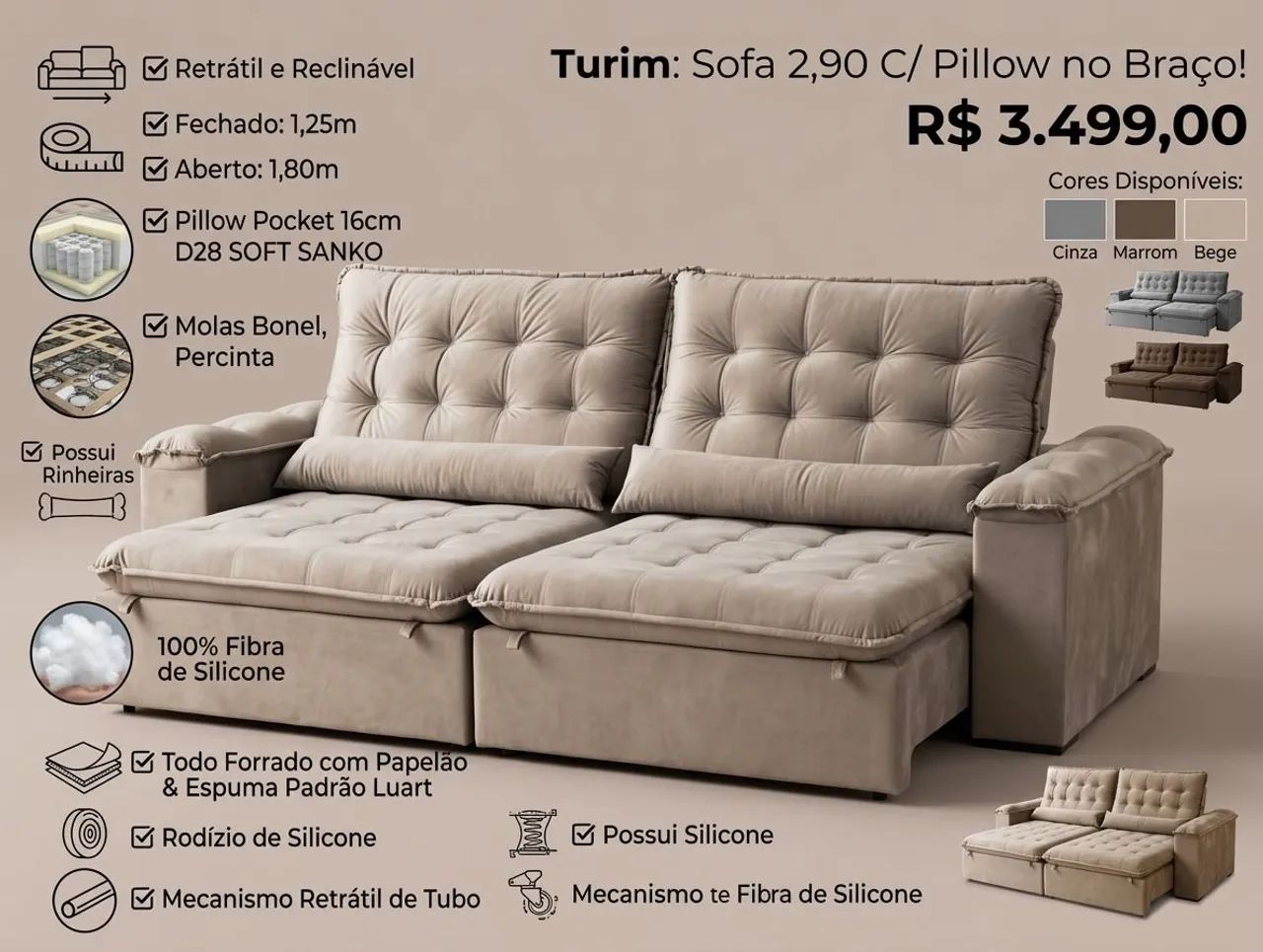 Sofá 2,90 com pillow nos braços 