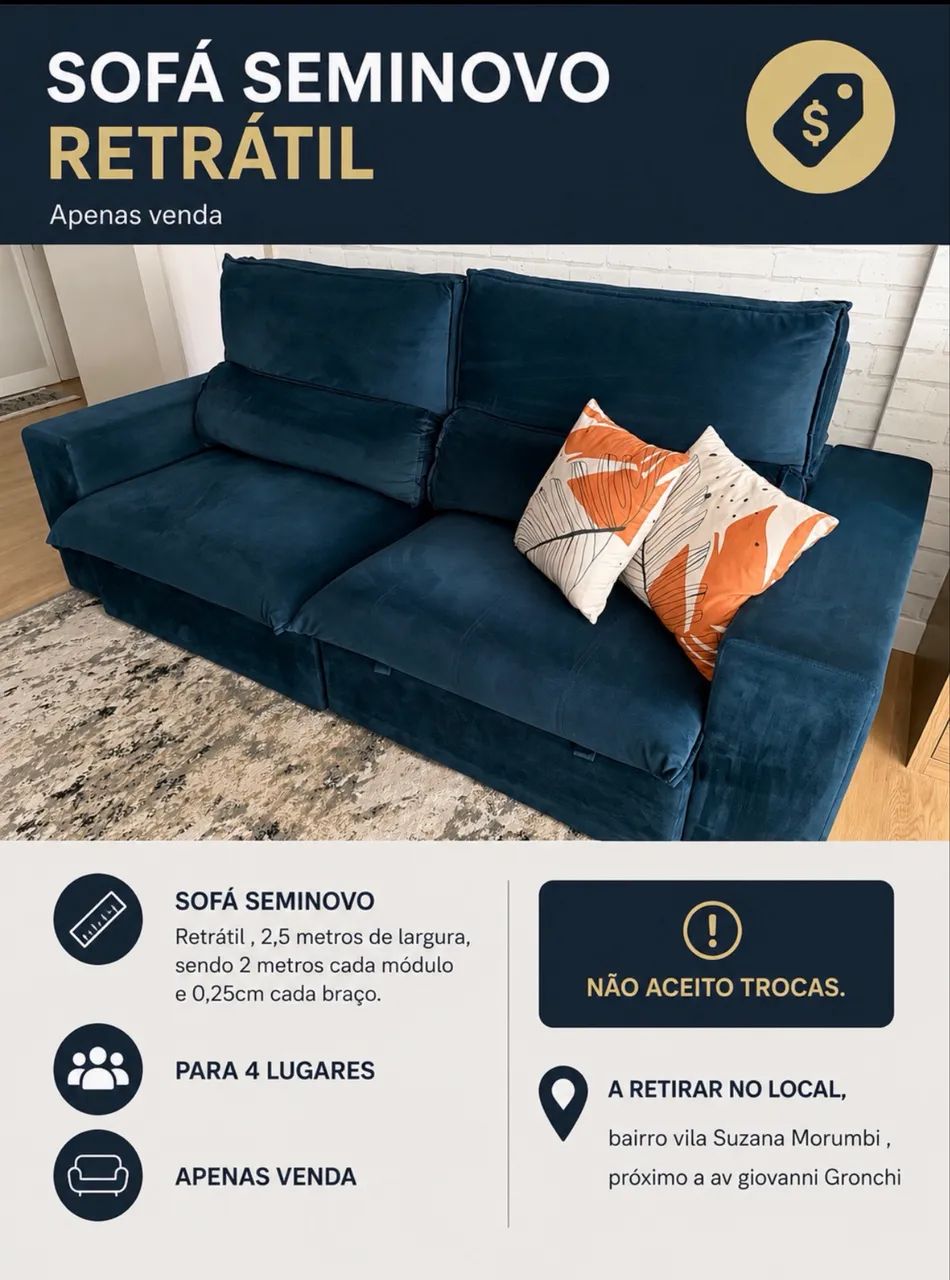 Sofá Retrátil 2,5m Azul Marinho - Foto 4