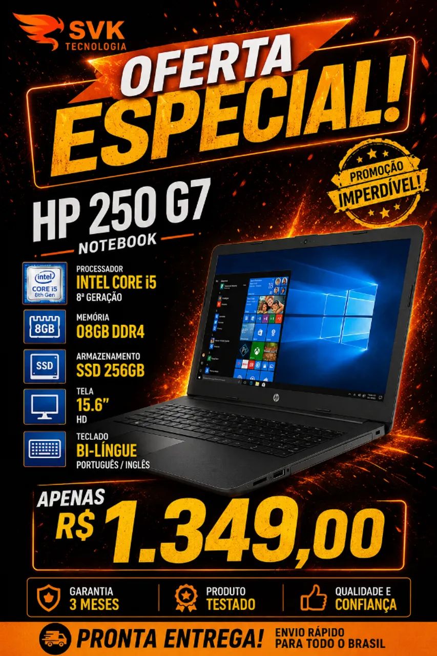 Notebook HP 250 G7 Intel Core i5 -8th - 08GB - SSD 256 - Pronta