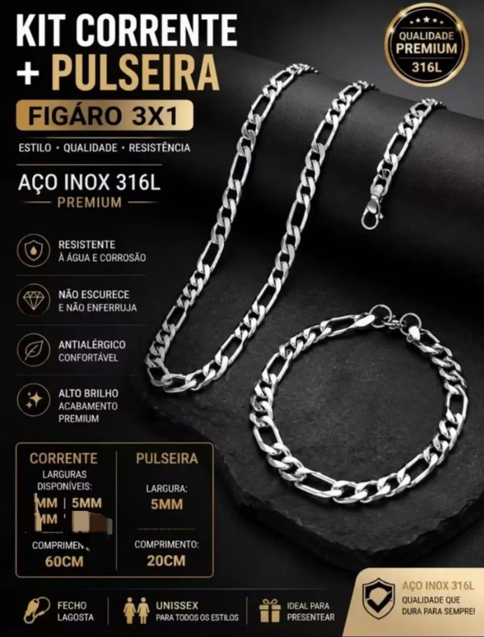 Corrente e Pulseira kit Aço 316 idêntica a prata 