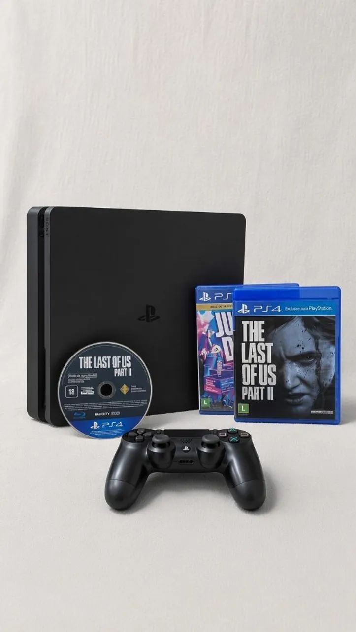 PS4 Slim com controle, câmera e 2 jogos