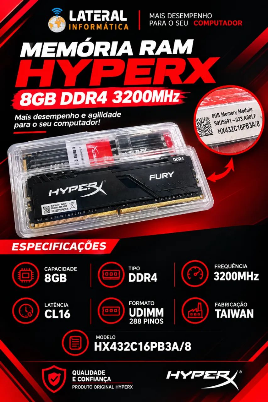 MEMÓRIA RAM HYPERX KINGSTON 8GB DDR4 INTEL XMP COMPUTADOR