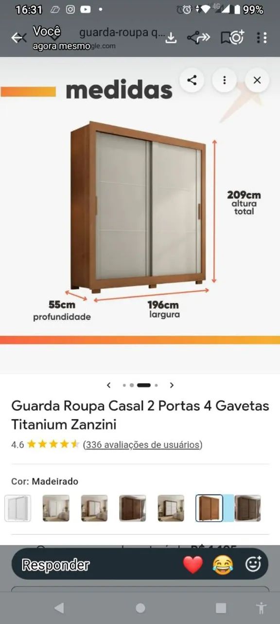 Guarda roupas 2 portas e correr 