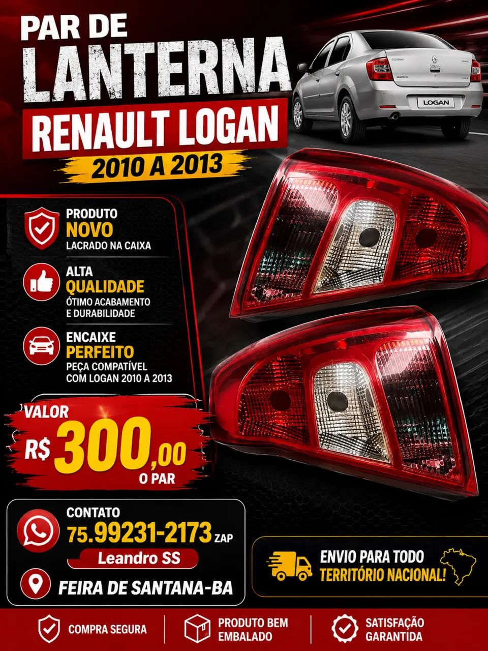 Par de lanterna RENAULT LOGAN 2010 a 2013