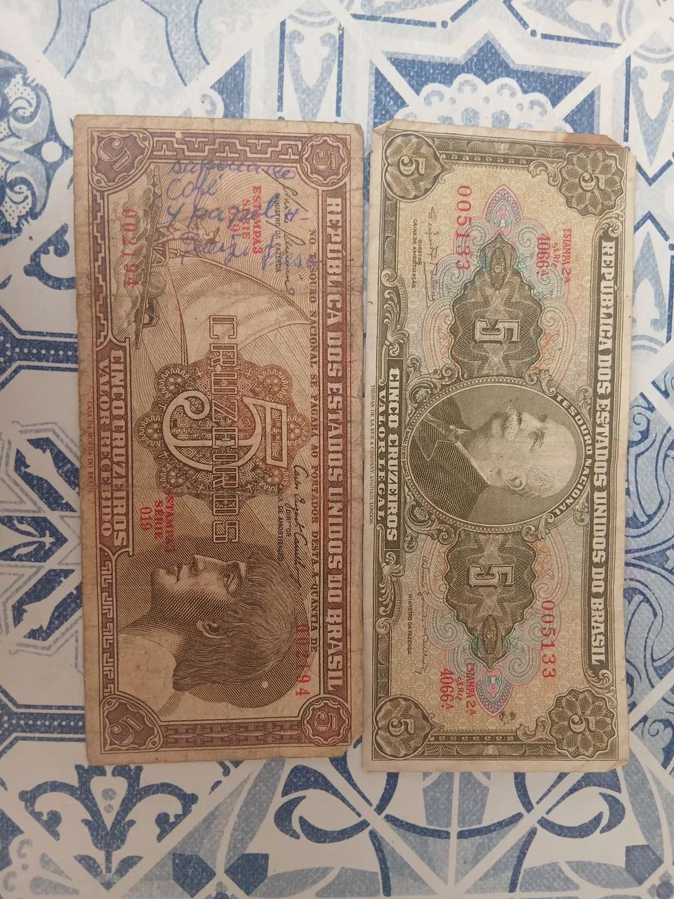 Nota cédula antiga 5 cruzeiros estampa 2 e 3