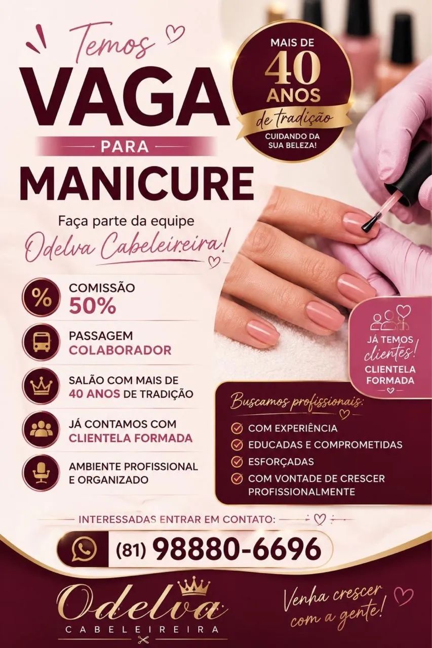 Precisamos de manicure e pedicure, com experiência em salão de beleza 