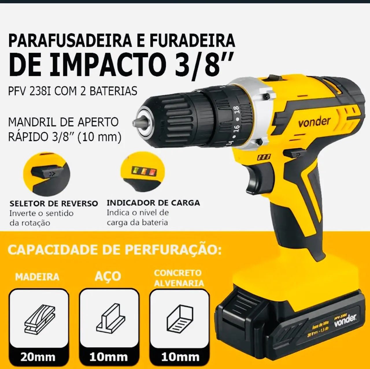 Furadeira parafusadeira impacto Vonder 20V  - Foto 3