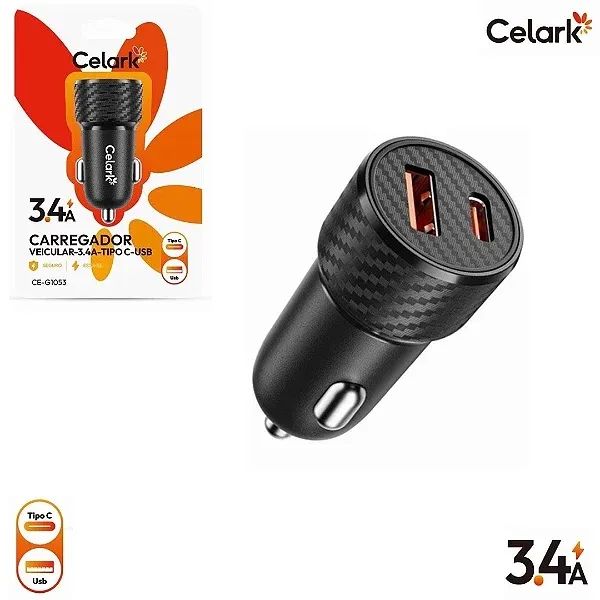 Carregador Veicular 3.4A com 2 Saídas USB e Tipo-C - Celark