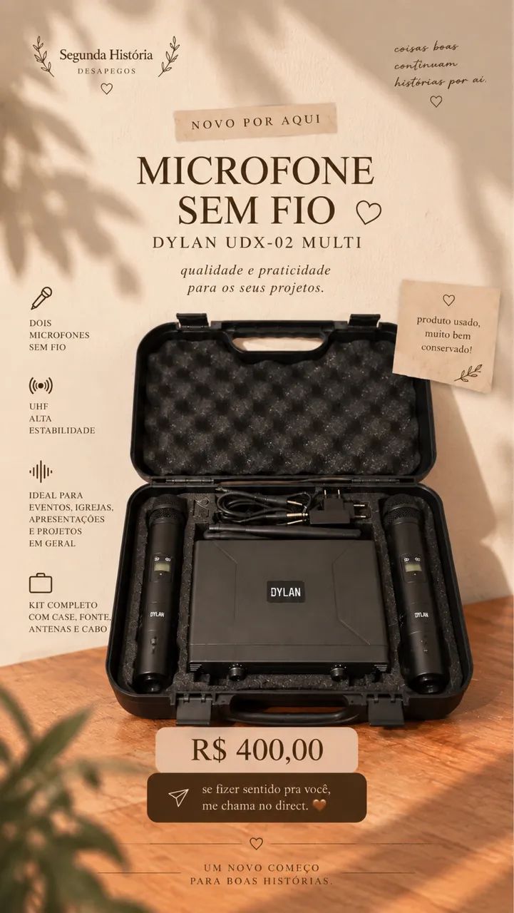 Kit 2 Microfones Sem Fio Dylan UDX-02 Multi UHF + Case - Foto 3
