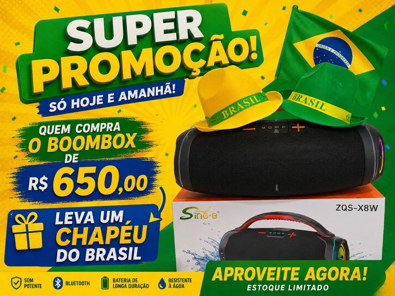 SOM BLUETOOTH PORTÁTIL BOOMBOX 