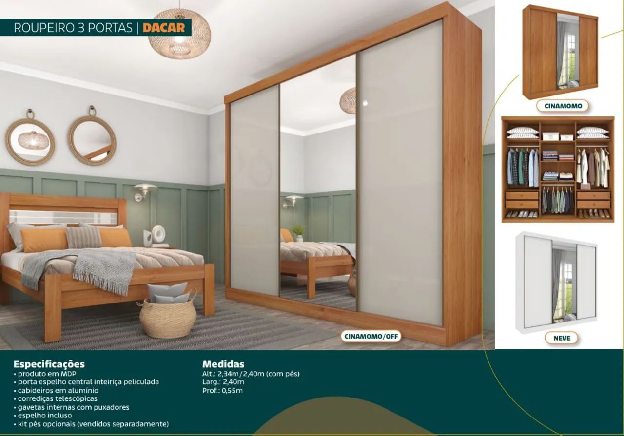Guarda-Roupa 3 Portas com Espelho - 2,40m largura
