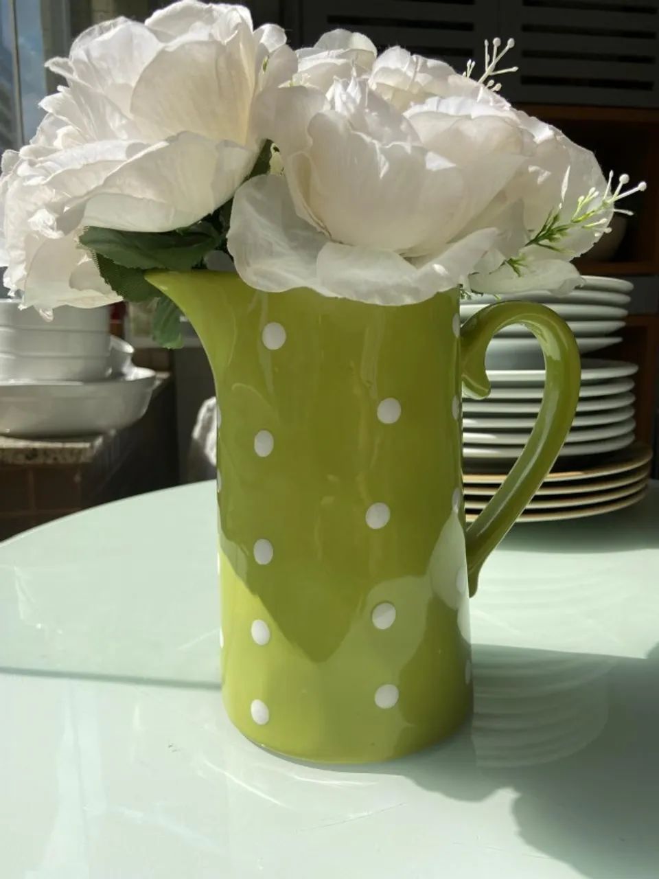 Vendo Jarra decorativa verde pistache com bolinha brancas