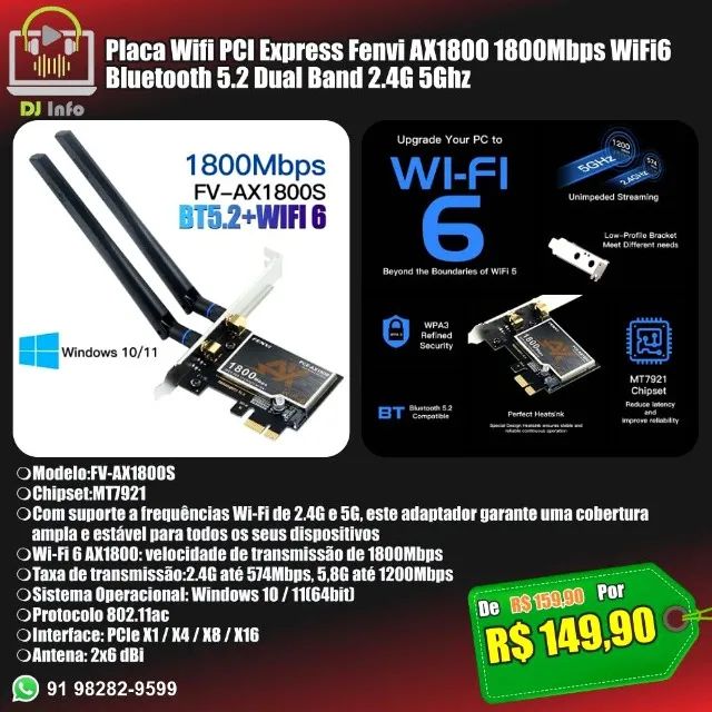 Placa WiFi 6 Fenvi PCIe 1800Mbps AX1800 BT5.2 Wifi 802.11AX Dual Band, 2.4G 5G