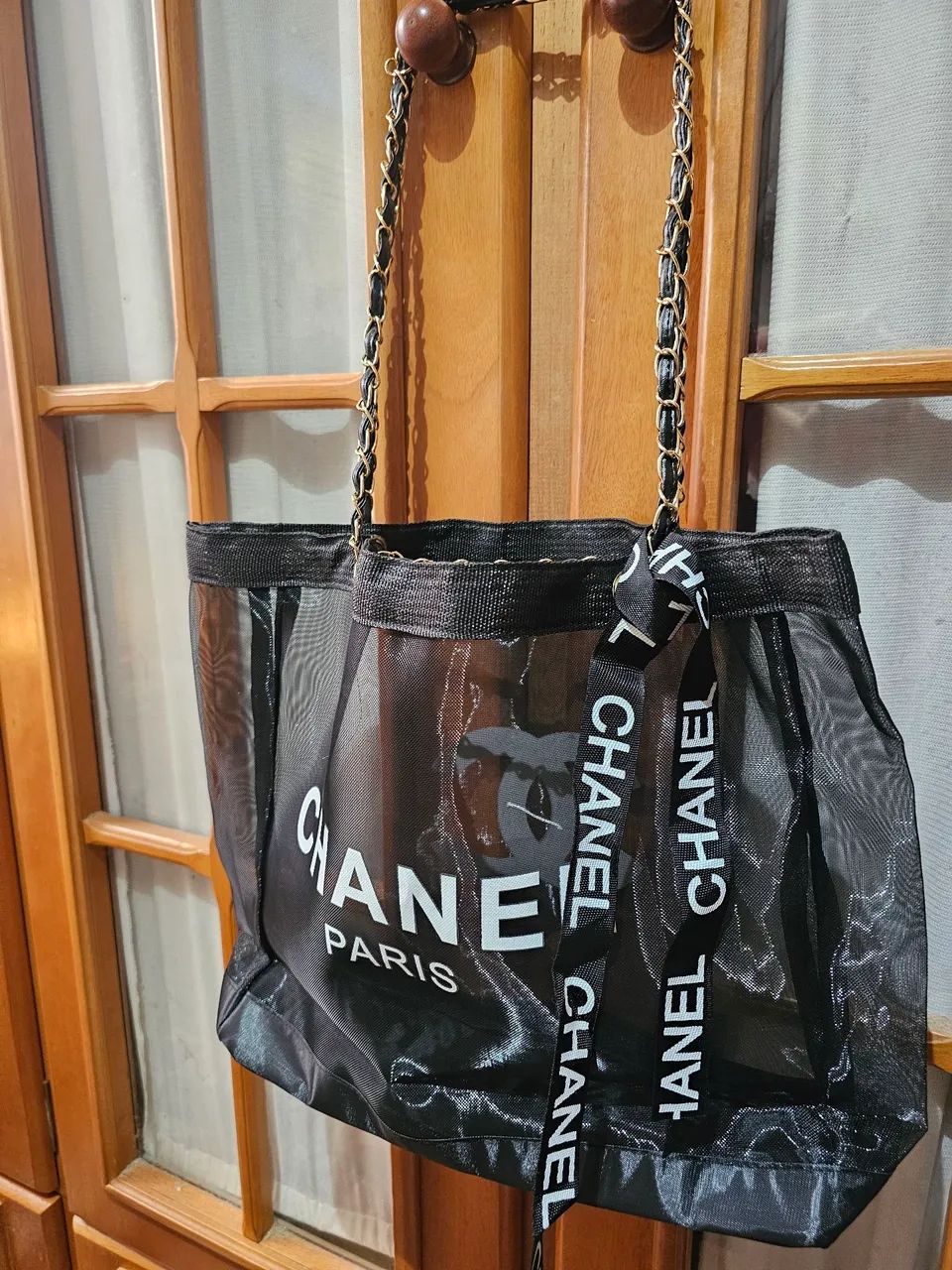 Bolsa preta tela alça correntes - Foto 5