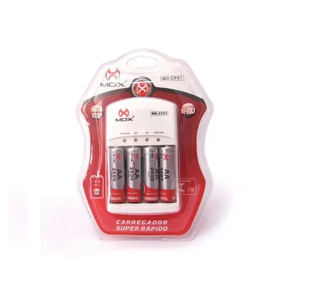 Kit Carregador De Pilhas MOX 4 Pilhas AA 2600mAh