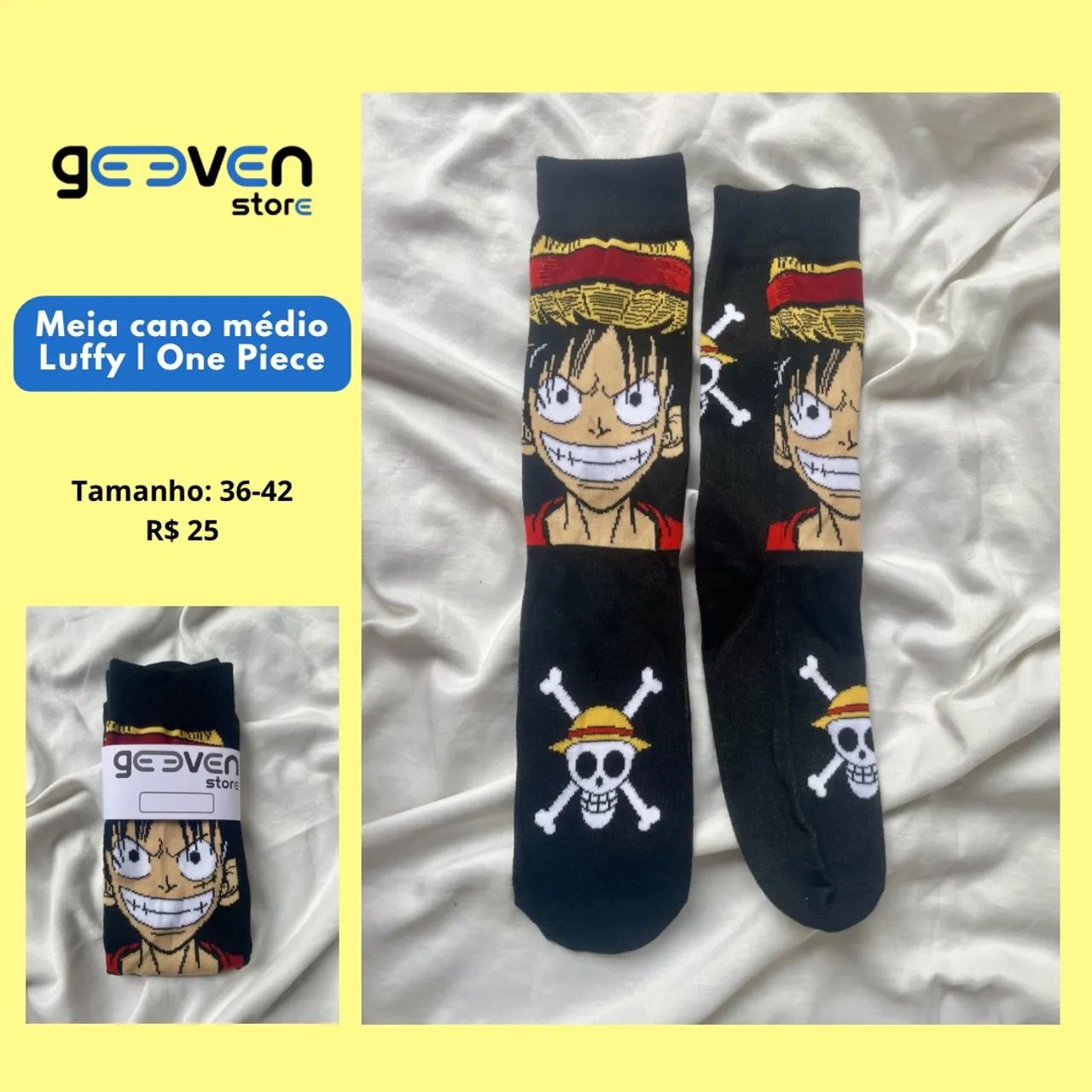 Meia Cano Médio Luffy One Piece - Preta com Caveira (Nova)