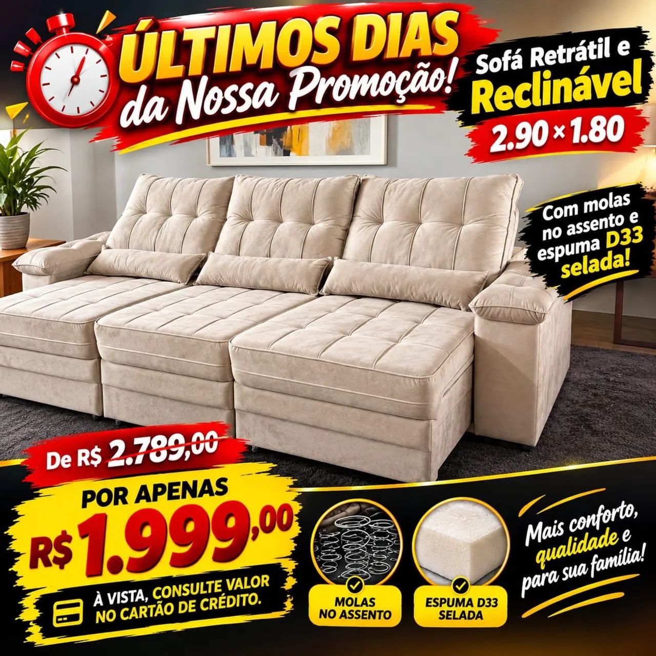 Promoção BLACK FRIDAY SOFÁ RETRÁTIL E RECLINÁVEL LARGURA 2.90m 