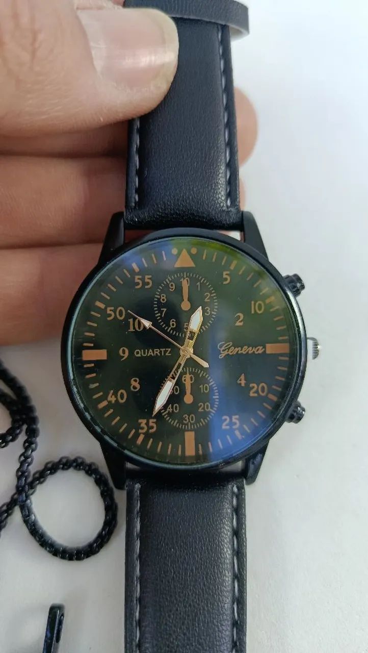 Relógio de Pulso De Boa Qualidade com Pulseira Preta Brinde Colar e Pulseira  - Foto 5