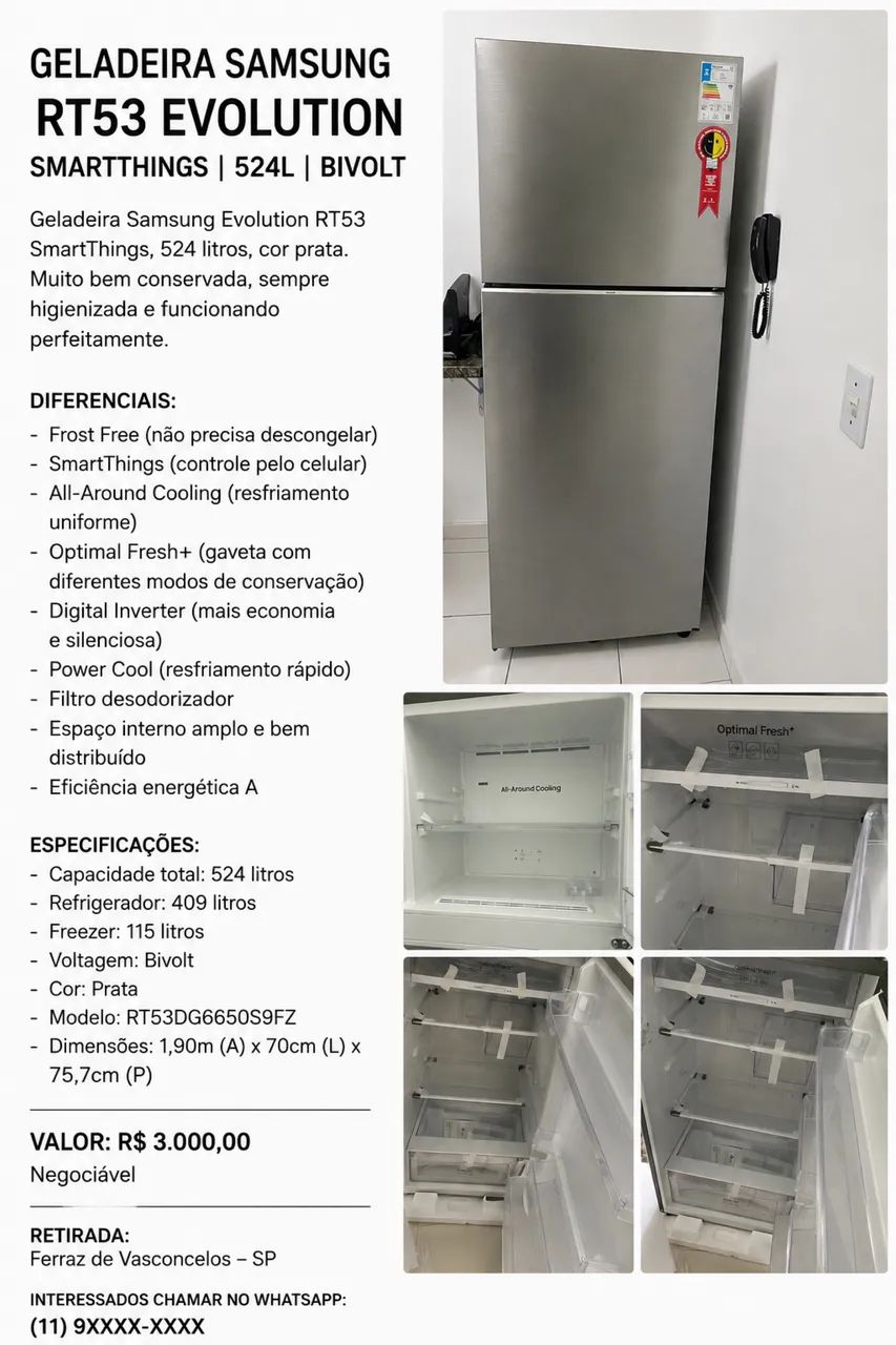 GELADEIRA SAMSUNG RT53 EVOLUTION SMARTTHINGS 524L ? BIVOLT