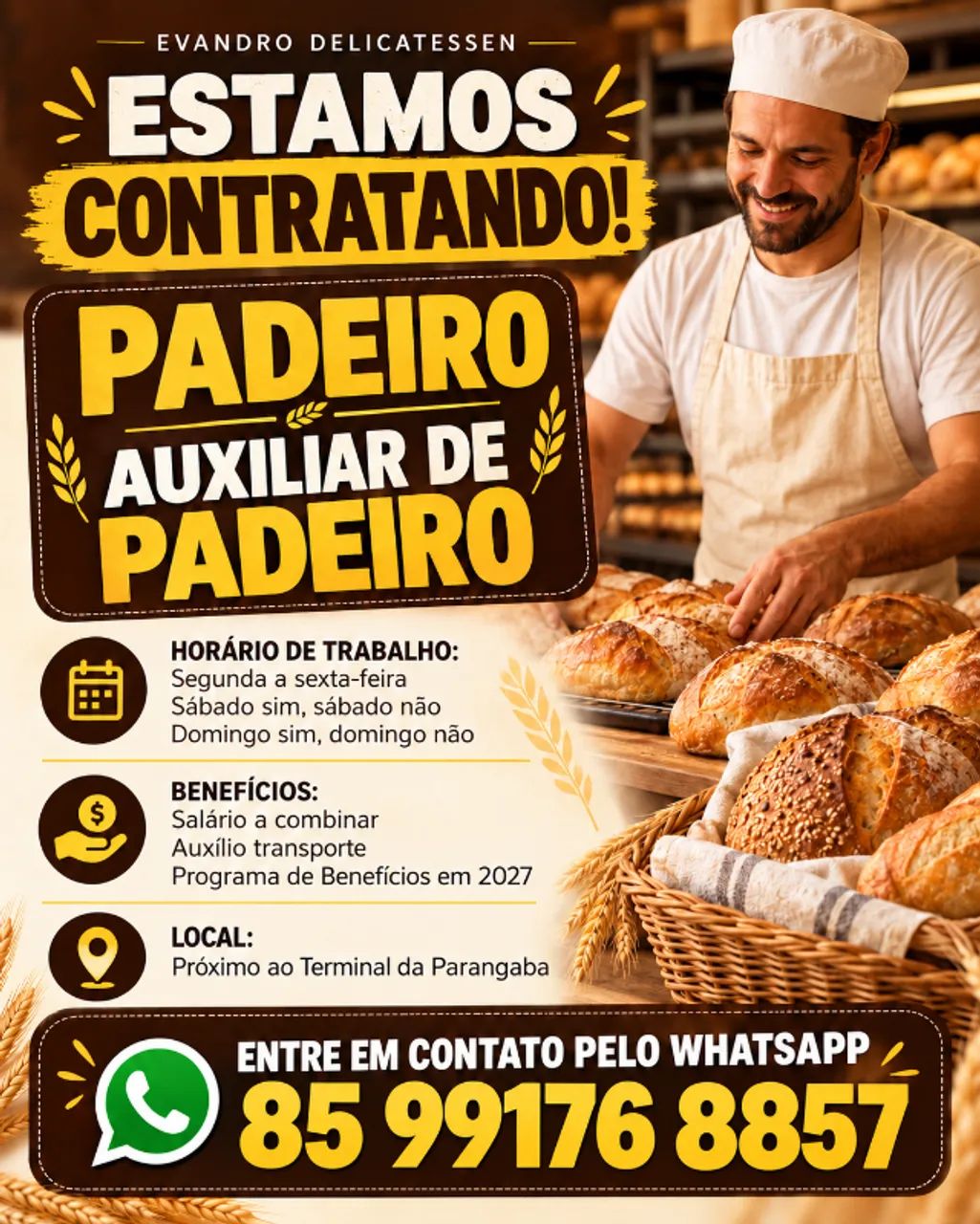 EMPREGO para PADEIRO ou AUXILIAR DE PADEIRO