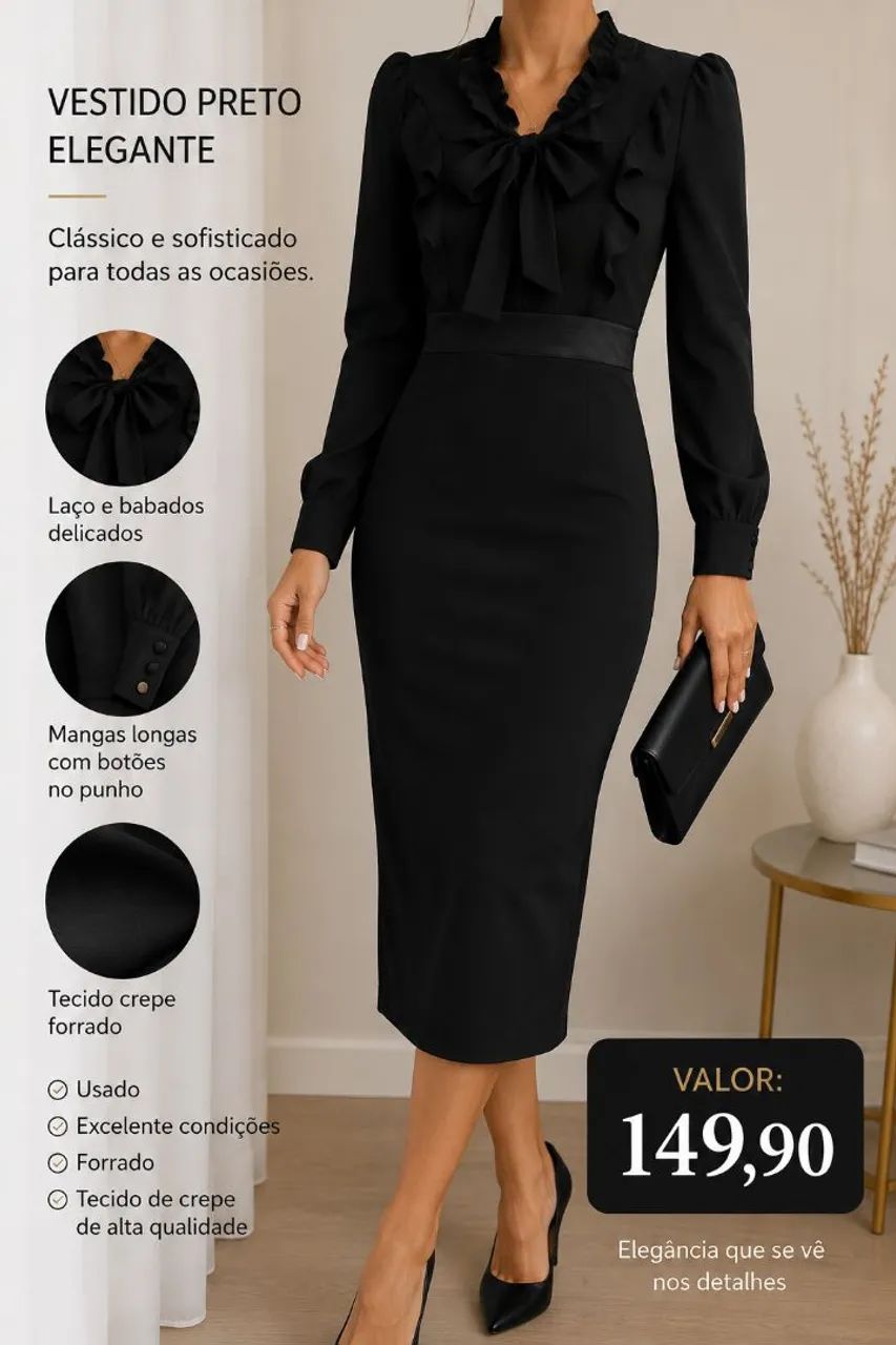 Vestido preto elegante manga comprida 