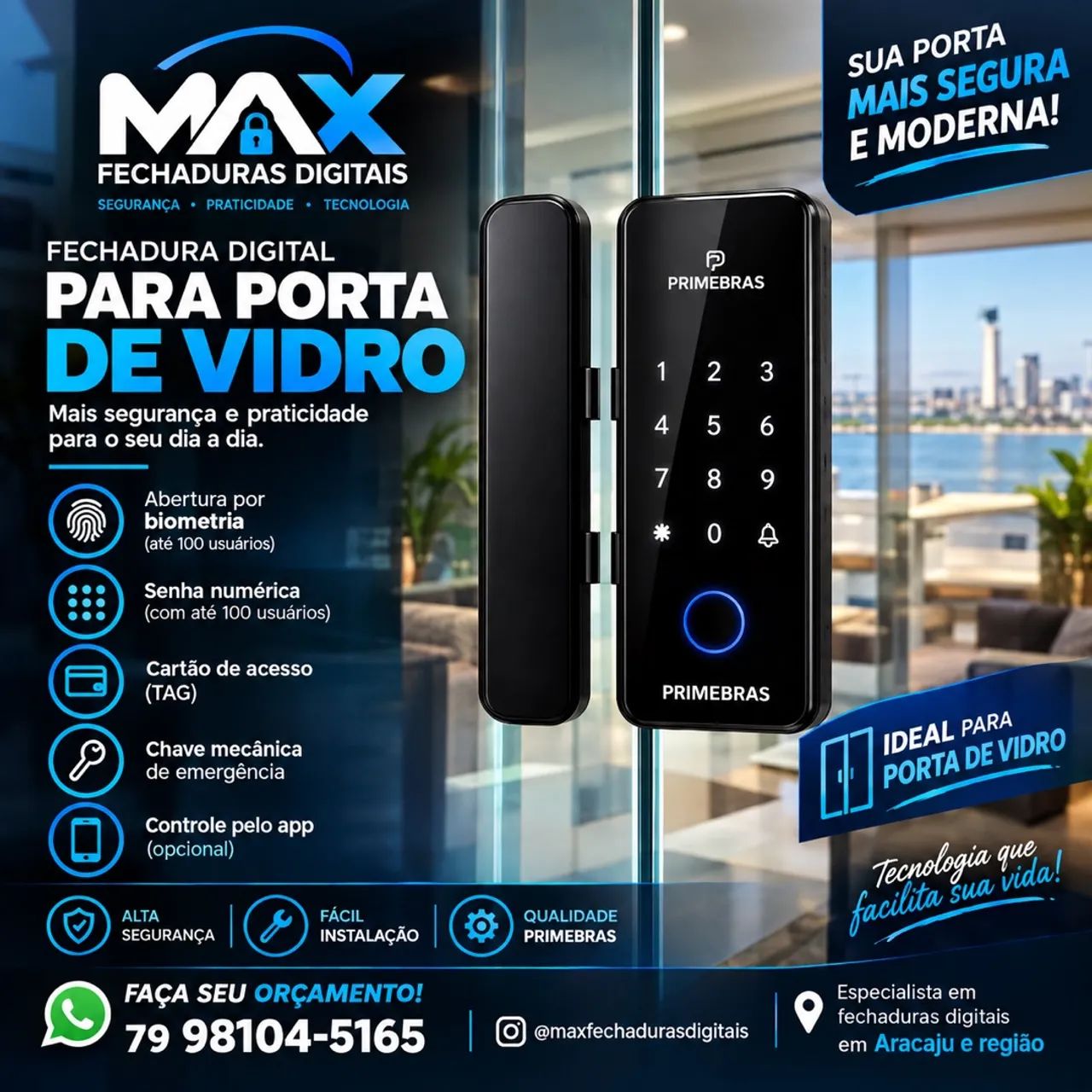 Fechadura digital para porta de vidro